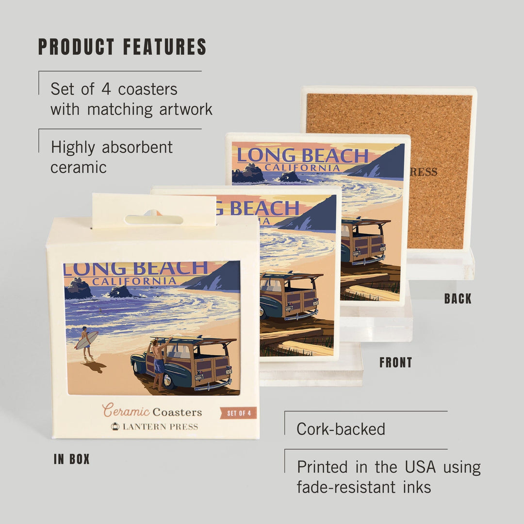 Long Beach, California, Woody on Beach, Coasters Coasters Lantern Press