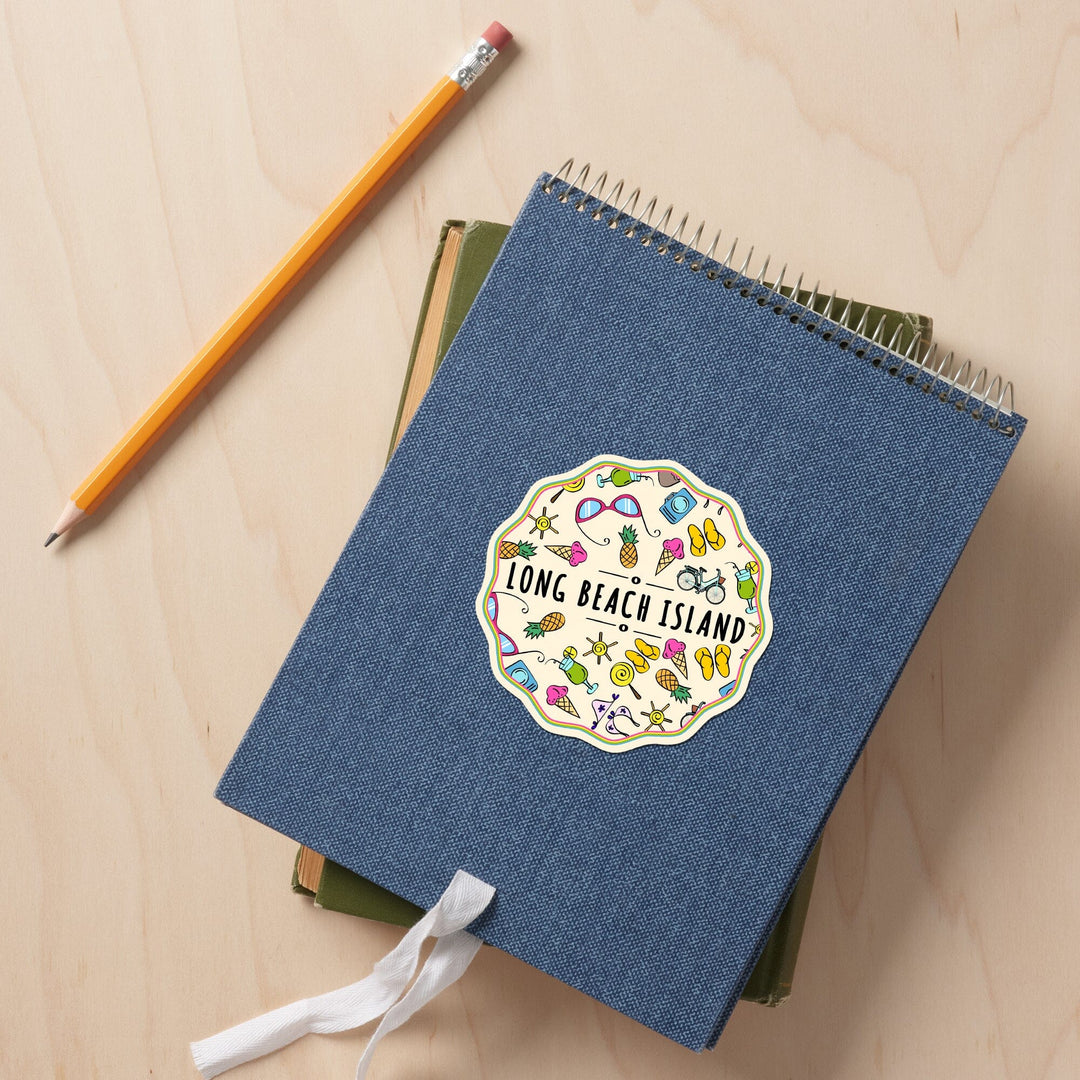 Long Beach Island, New Jersey, Beach & Sunshine Pattern, Contour, Lantern Press Artwork, Vinyl Sticker - Lantern Press