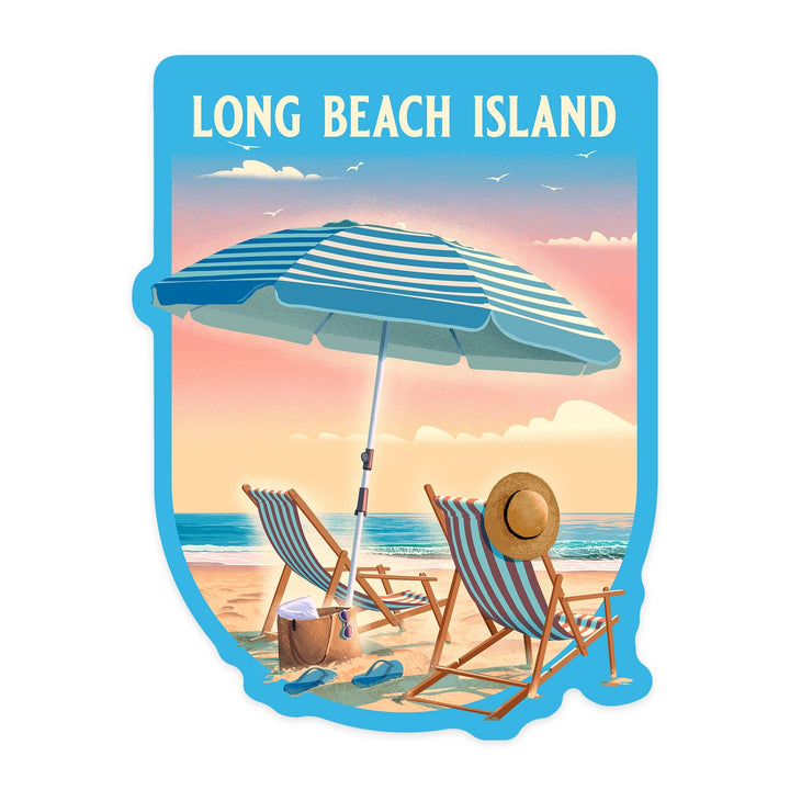 Long Beach Island, New Jersey, Beach Umbrella and Chair, Contour, Vinyl Sticker Sticker Lantern Press