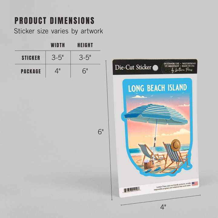 Long Beach Island, New Jersey, Beach Umbrella and Chair, Contour, Vinyl Sticker Sticker Lantern Press