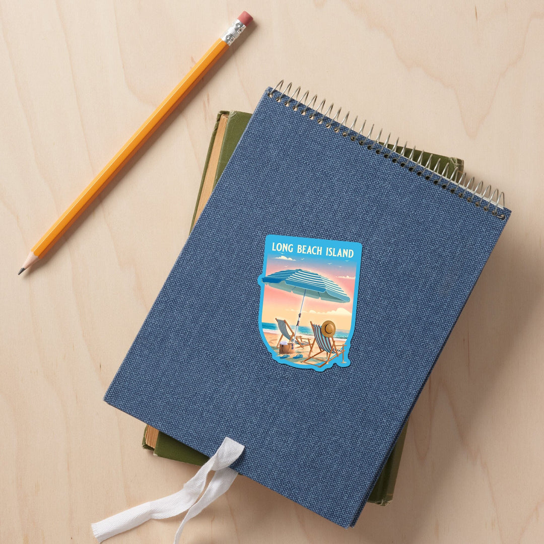 Long Beach Island, New Jersey, Beach Umbrella and Chair, Contour, Vinyl Sticker Sticker Lantern Press