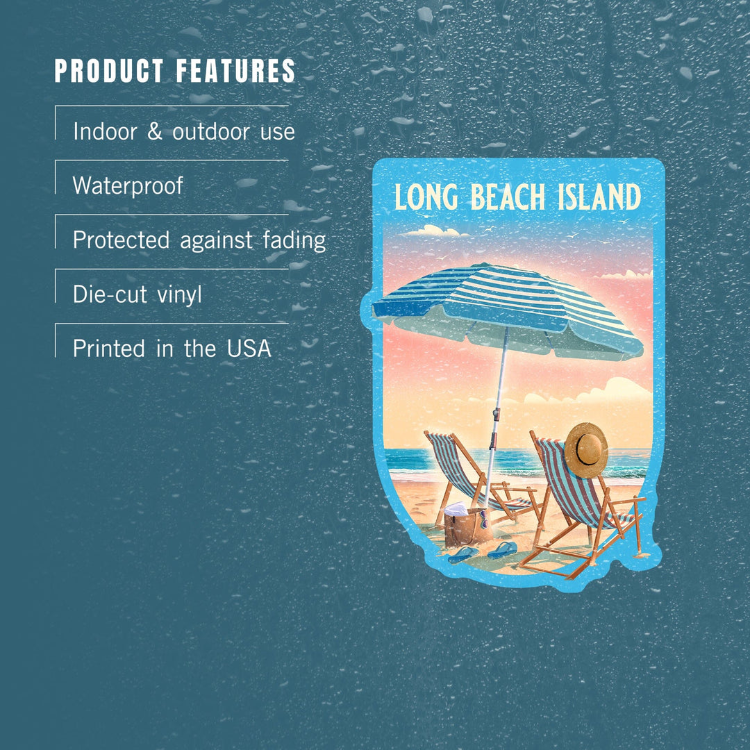 Long Beach Island, New Jersey, Beach Umbrella and Chair, Contour, Vinyl Sticker Sticker Lantern Press