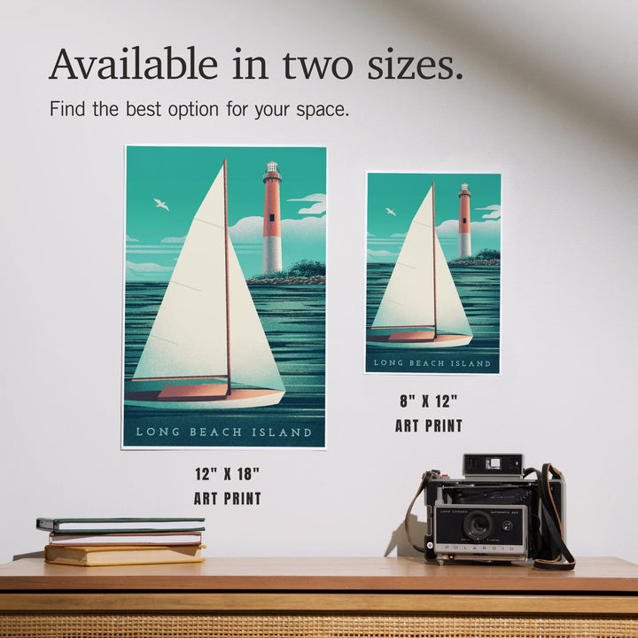 Long Beach Island, New Jersey, Beaming Lighthouse Collection, Lighthouse and Sailboat at Daylight, Art & Giclee Prints - Lantern Press