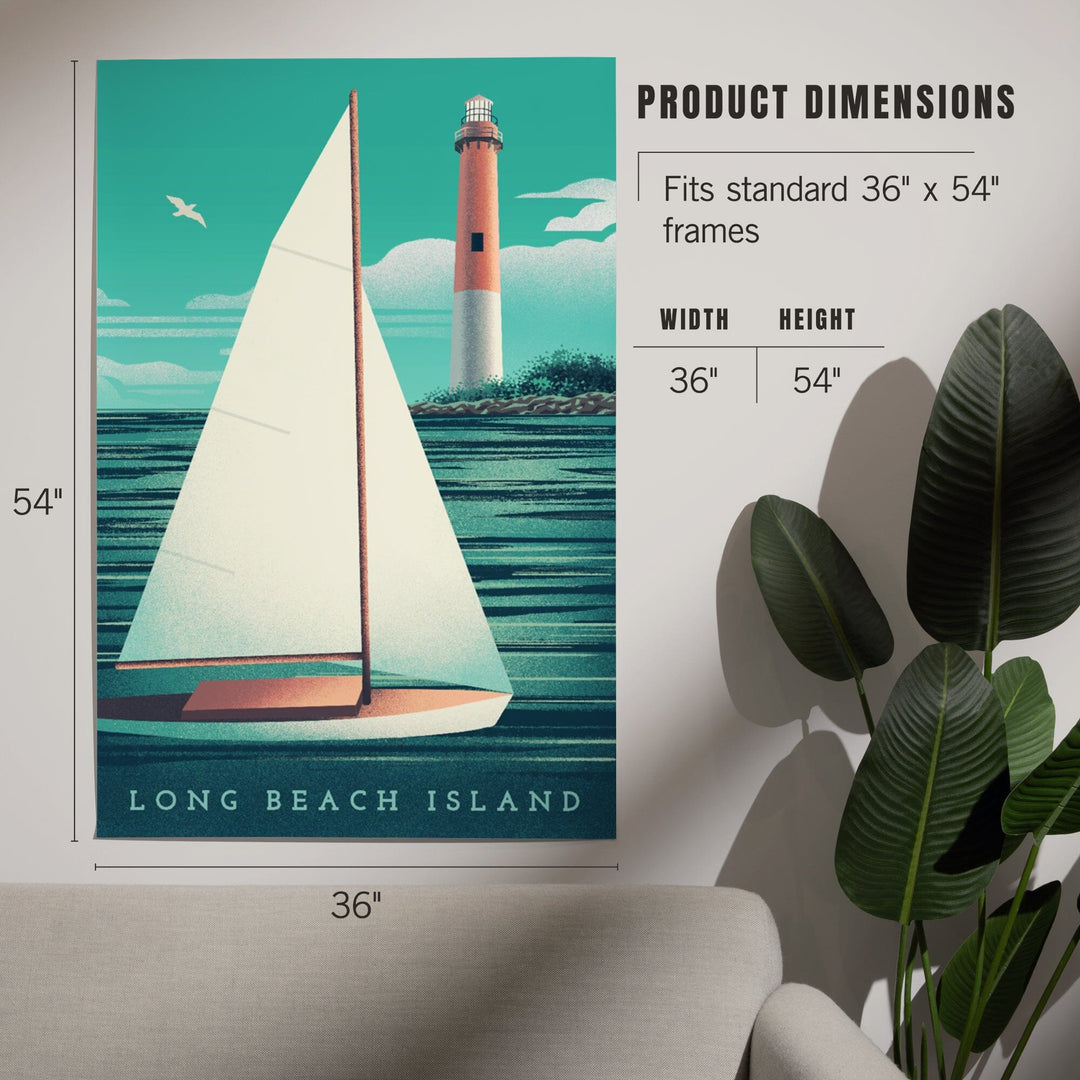 Long Beach Island, New Jersey, Beaming Lighthouse Collection, Lighthouse and Sailboat at Daylight, Art & Giclee Prints - Lantern Press