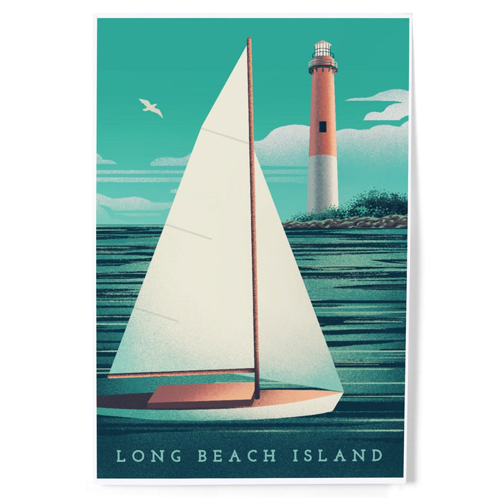 Long Beach Island, New Jersey, Beaming Lighthouse Collection, Lighthouse and Sailboat at Daylight, Art & Giclee Prints - Lantern Press