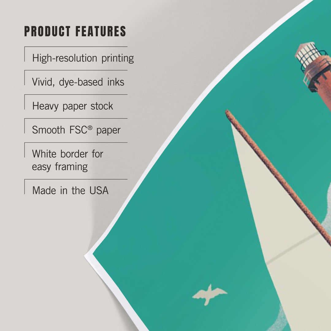 Long Beach Island, New Jersey, Beaming Lighthouse Collection, Lighthouse and Sailboat at Daylight, Art & Giclee Prints - Lantern Press