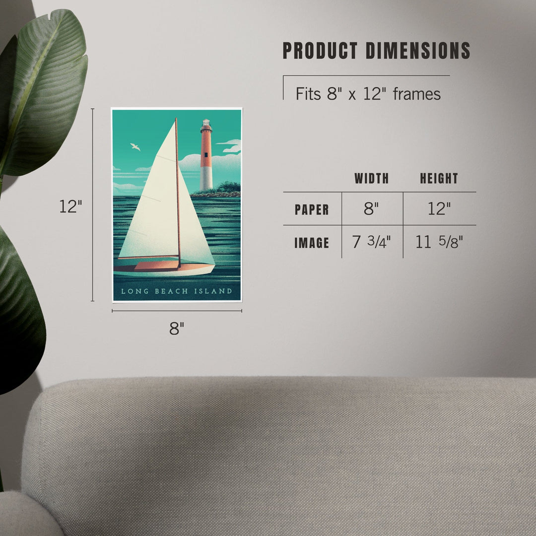 Long Beach Island, New Jersey, Beaming Lighthouse Collection, Lighthouse and Sailboat at Daylight, Art & Giclee Prints - Lantern Press
