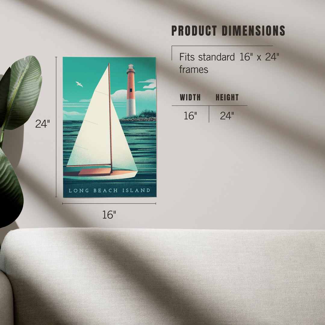 Long Beach Island, New Jersey, Beaming Lighthouse Collection, Lighthouse and Sailboat at Daylight, Art & Giclee Prints - Lantern Press