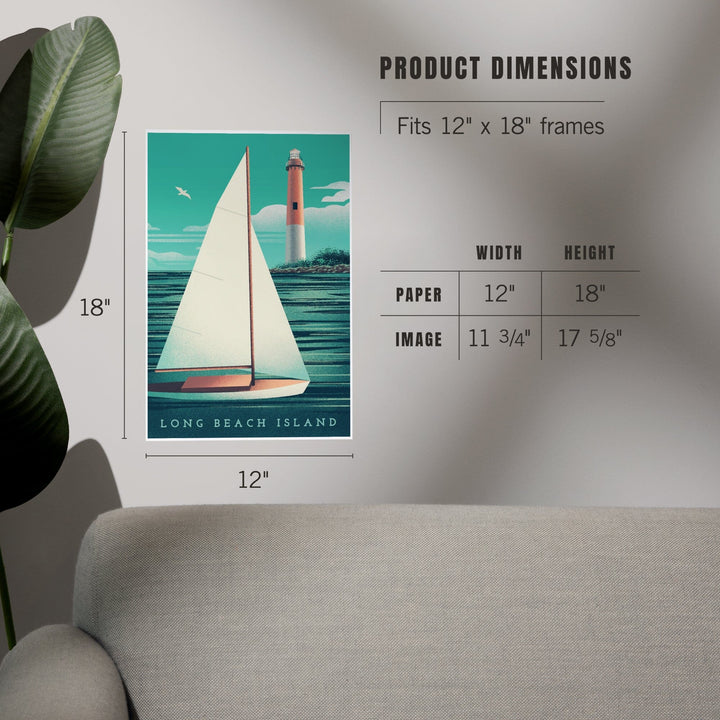 Long Beach Island, New Jersey, Beaming Lighthouse Collection, Lighthouse and Sailboat at Daylight, Art & Giclee Prints - Lantern Press