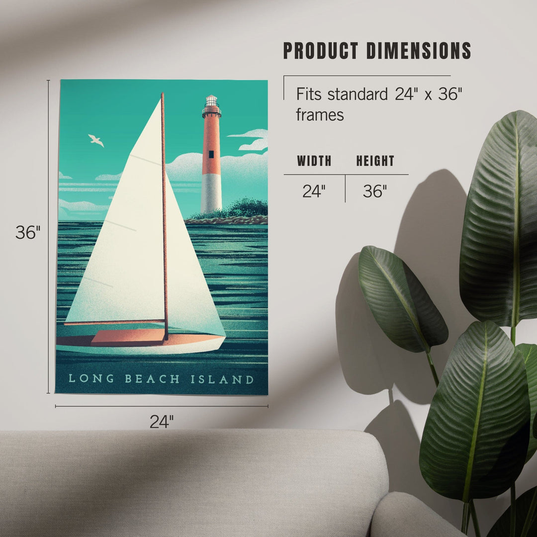 Long Beach Island, New Jersey, Beaming Lighthouse Collection, Lighthouse and Sailboat at Daylight, Art & Giclee Prints - Lantern Press