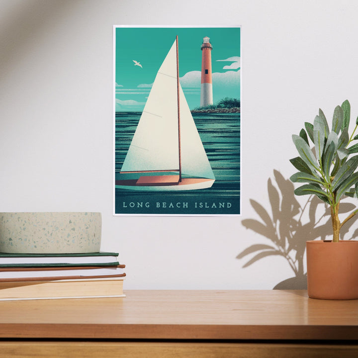 Long Beach Island, New Jersey, Beaming Lighthouse Collection, Lighthouse and Sailboat at Daylight, Art & Giclee Prints - Lantern Press