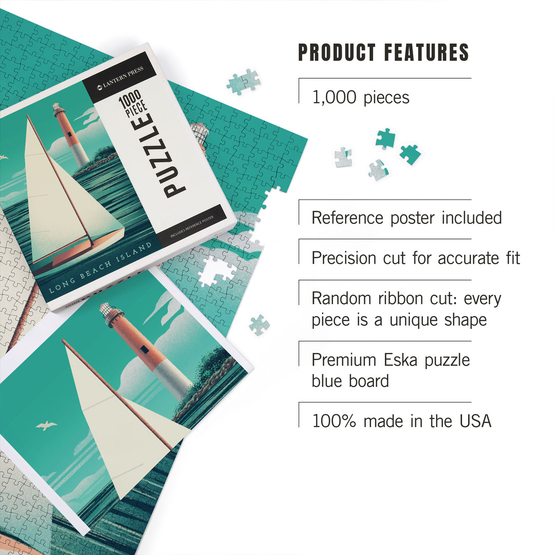 Long Beach Island, New Jersey, Beaming Lighthouse Collection, Lighthouse and Sailboat at Daylight, Jigsaw Puzzle Puzzle Lantern Press