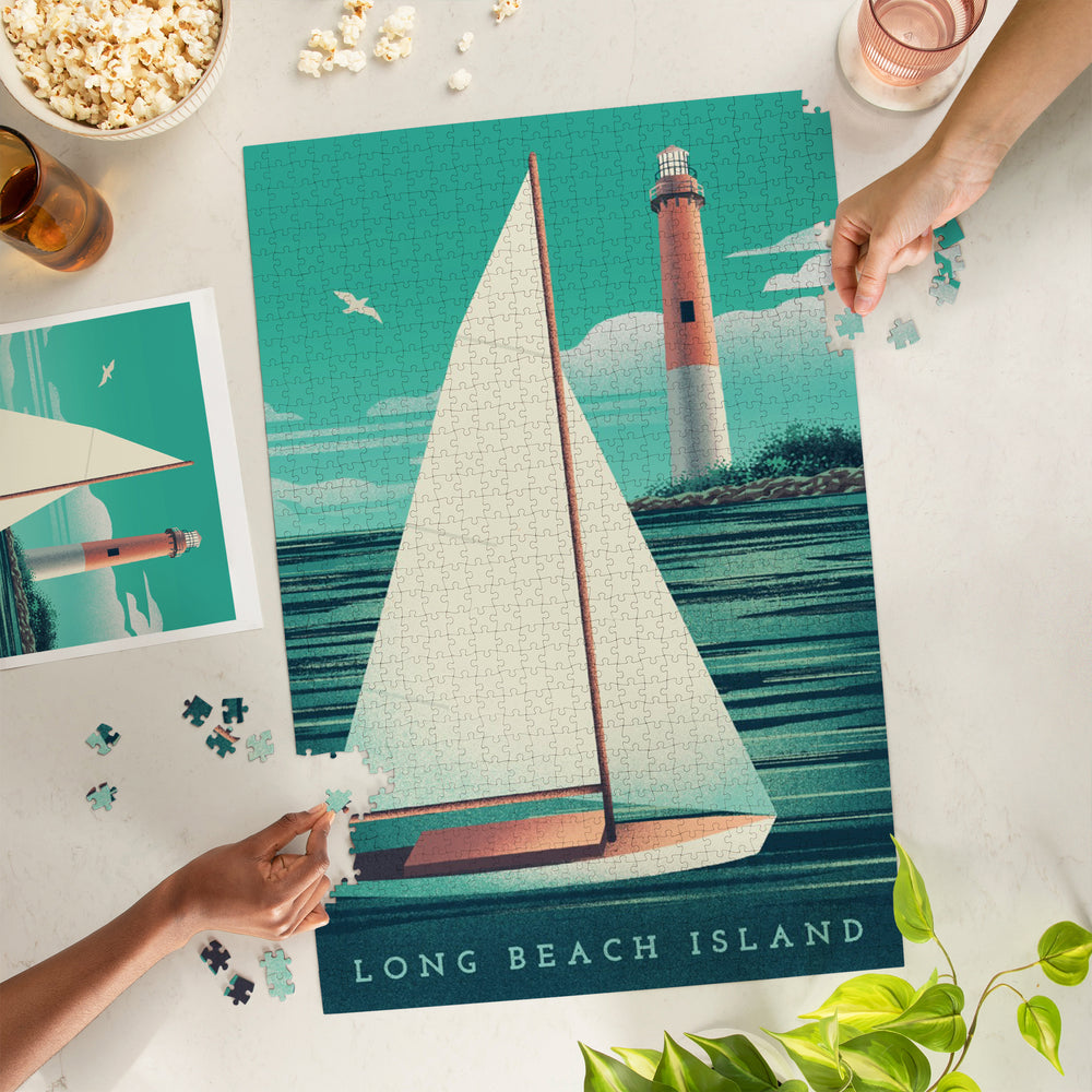 Long Beach Island, New Jersey, Beaming Lighthouse Collection, Lighthouse and Sailboat at Daylight, Jigsaw Puzzle Puzzle Lantern Press