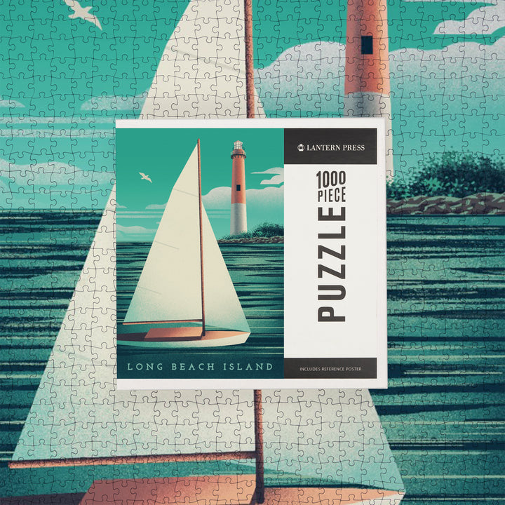 Long Beach Island, New Jersey, Beaming Lighthouse Collection, Lighthouse and Sailboat at Daylight, Jigsaw Puzzle Puzzle Lantern Press