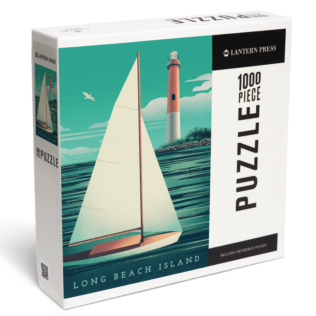 Long Beach Island, New Jersey, Beaming Lighthouse Collection, Lighthouse and Sailboat at Daylight, Jigsaw Puzzle Puzzle Lantern Press