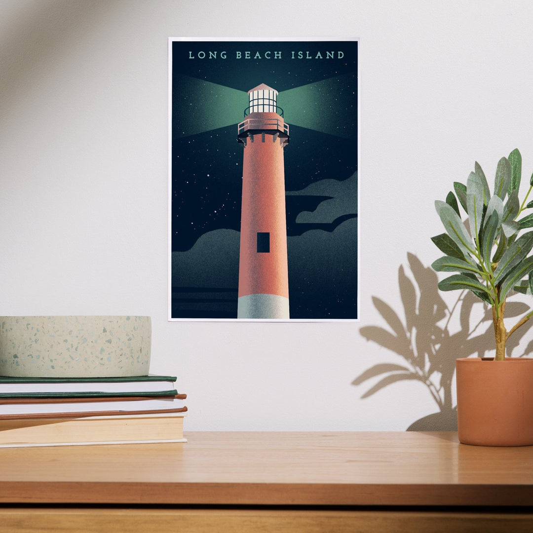 Long Beach Island, New Jersey, Beaming Lighthouse Collection, Lighthouse at Night, Art & Giclee Prints - Lantern Press