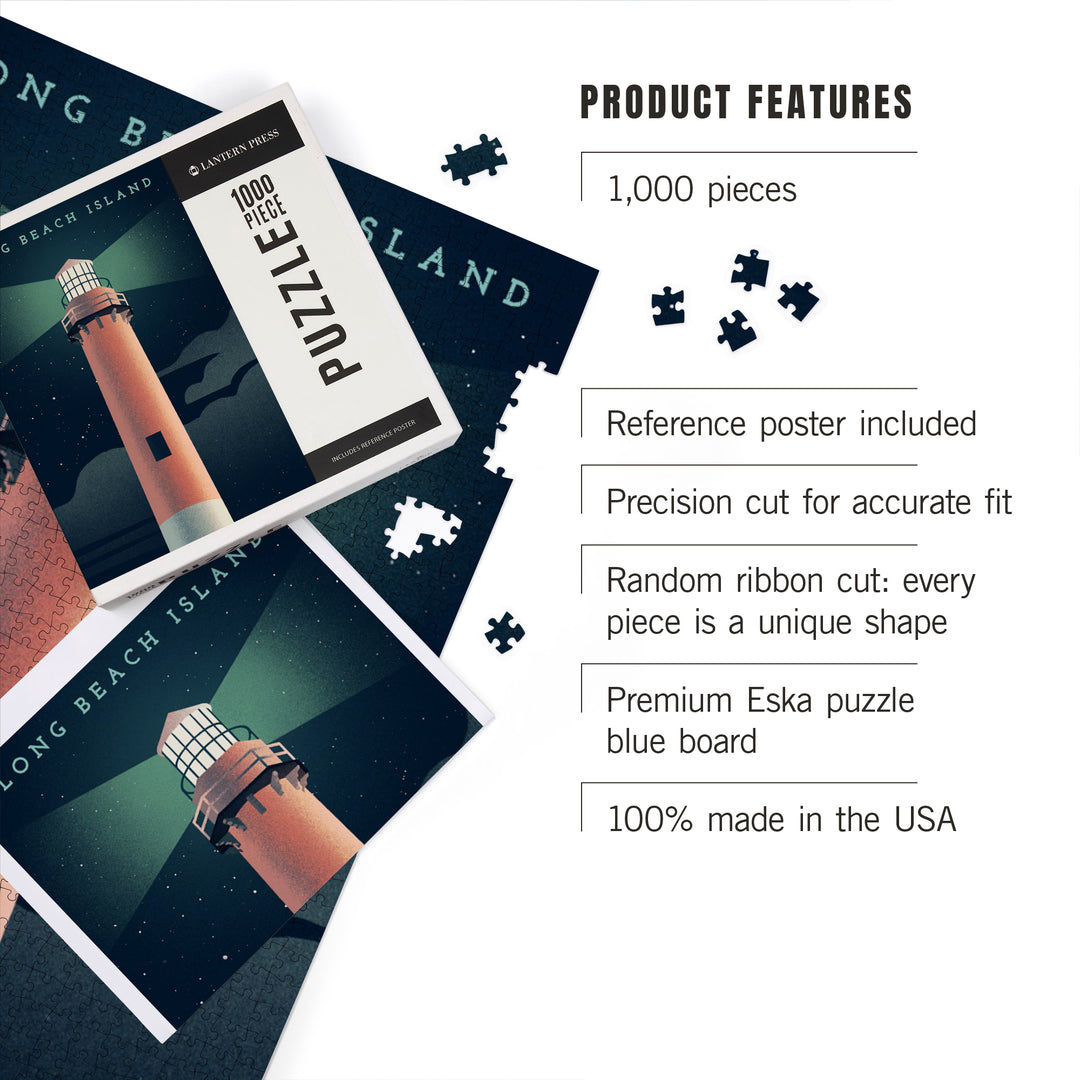 Long Beach Island, New Jersey, Beaming Lighthouse Collection, Lighthouse at Night, Jigsaw Puzzle Puzzle Lantern Press