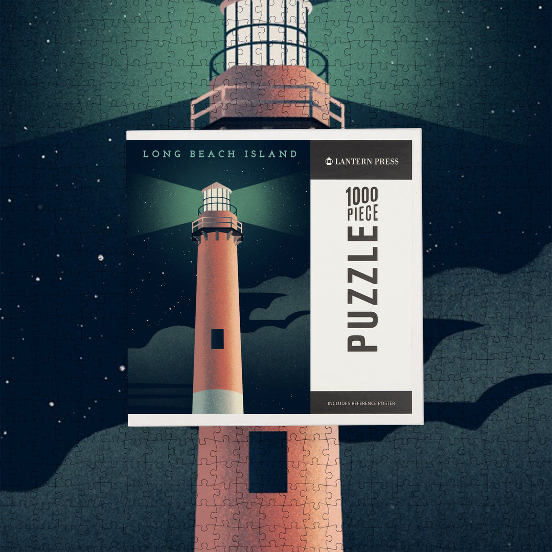 Long Beach Island, New Jersey, Beaming Lighthouse Collection, Lighthouse at Night, Jigsaw Puzzle Puzzle Lantern Press