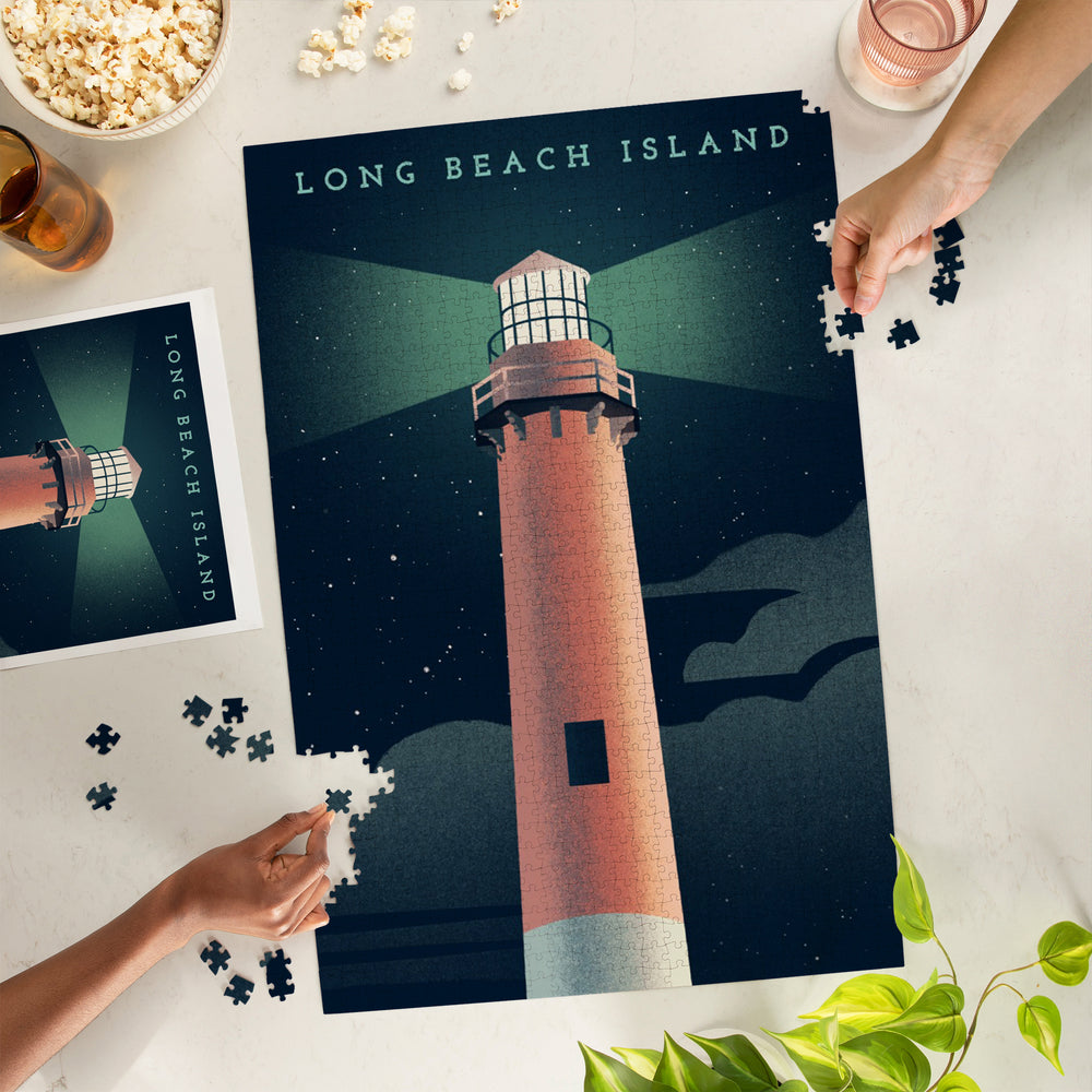 Long Beach Island, New Jersey, Beaming Lighthouse Collection, Lighthouse at Night, Jigsaw Puzzle Puzzle Lantern Press