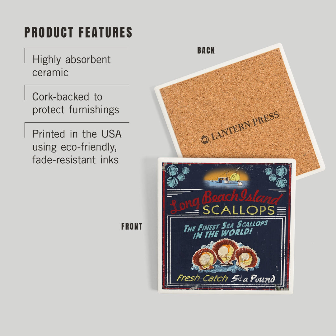 Long Beach Island, New Jersey, Scallops Vintage Sign, Coasters Coasters Lantern Press