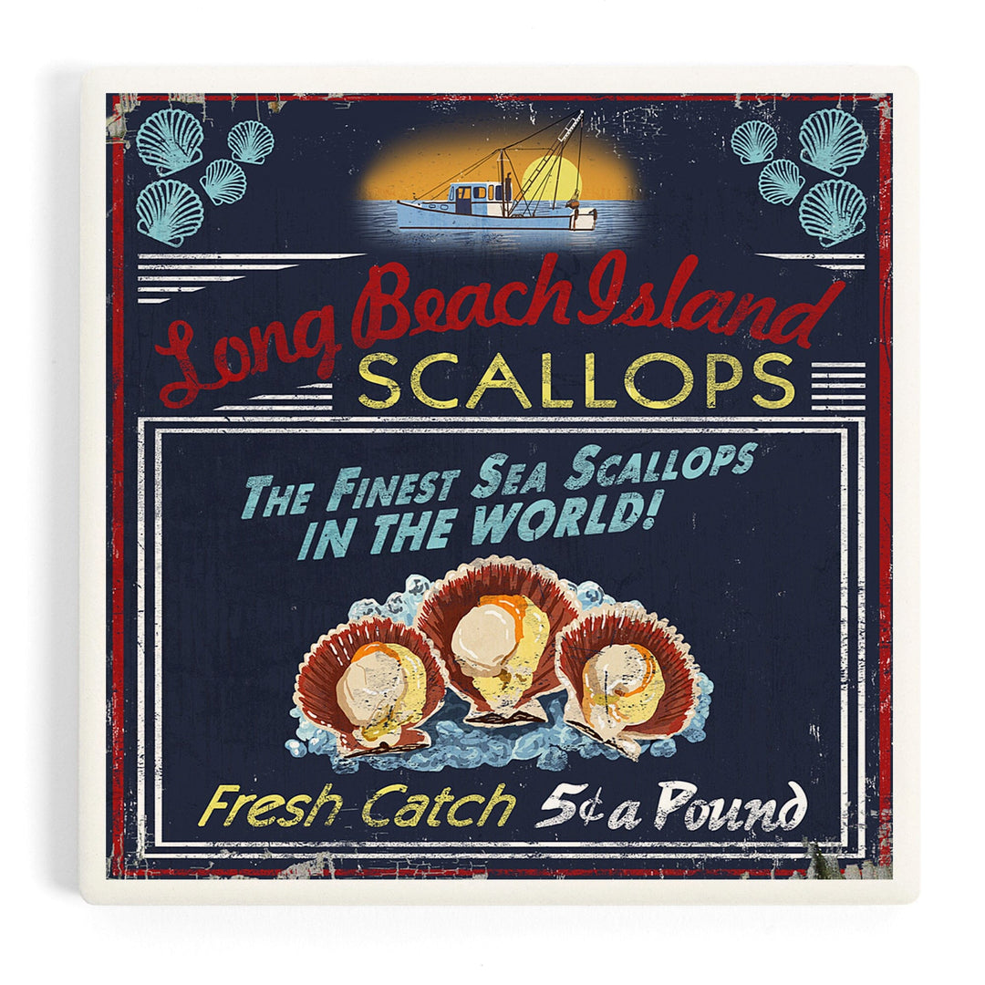 Long Beach Island, New Jersey, Scallops Vintage Sign, Coasters Coasters Lantern Press Coaster
