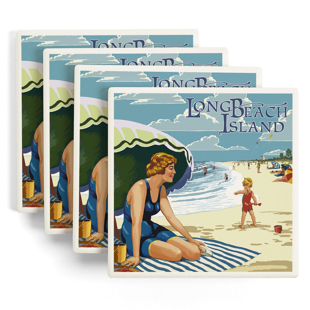 Long Beach Island, New Jersey, Woman on Beach Scene, Coasters Coasters Lantern Press