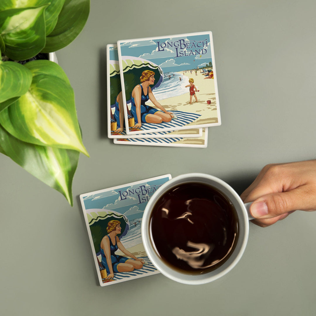 Long Beach Island, New Jersey, Woman on Beach Scene, Coasters Coasters Lantern Press