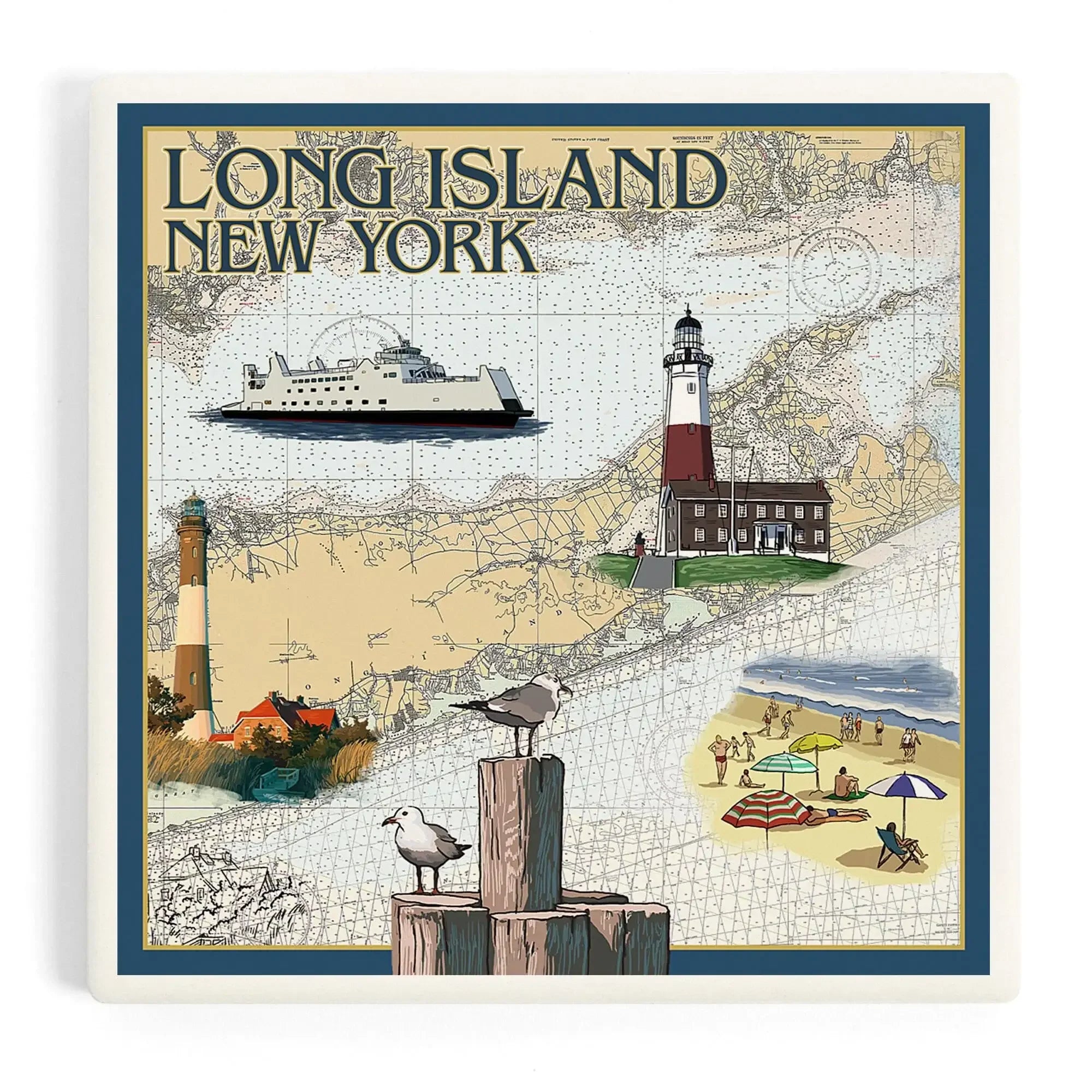 Long Island, New York, Nautical Chart ceramic coaster set Lantern Press