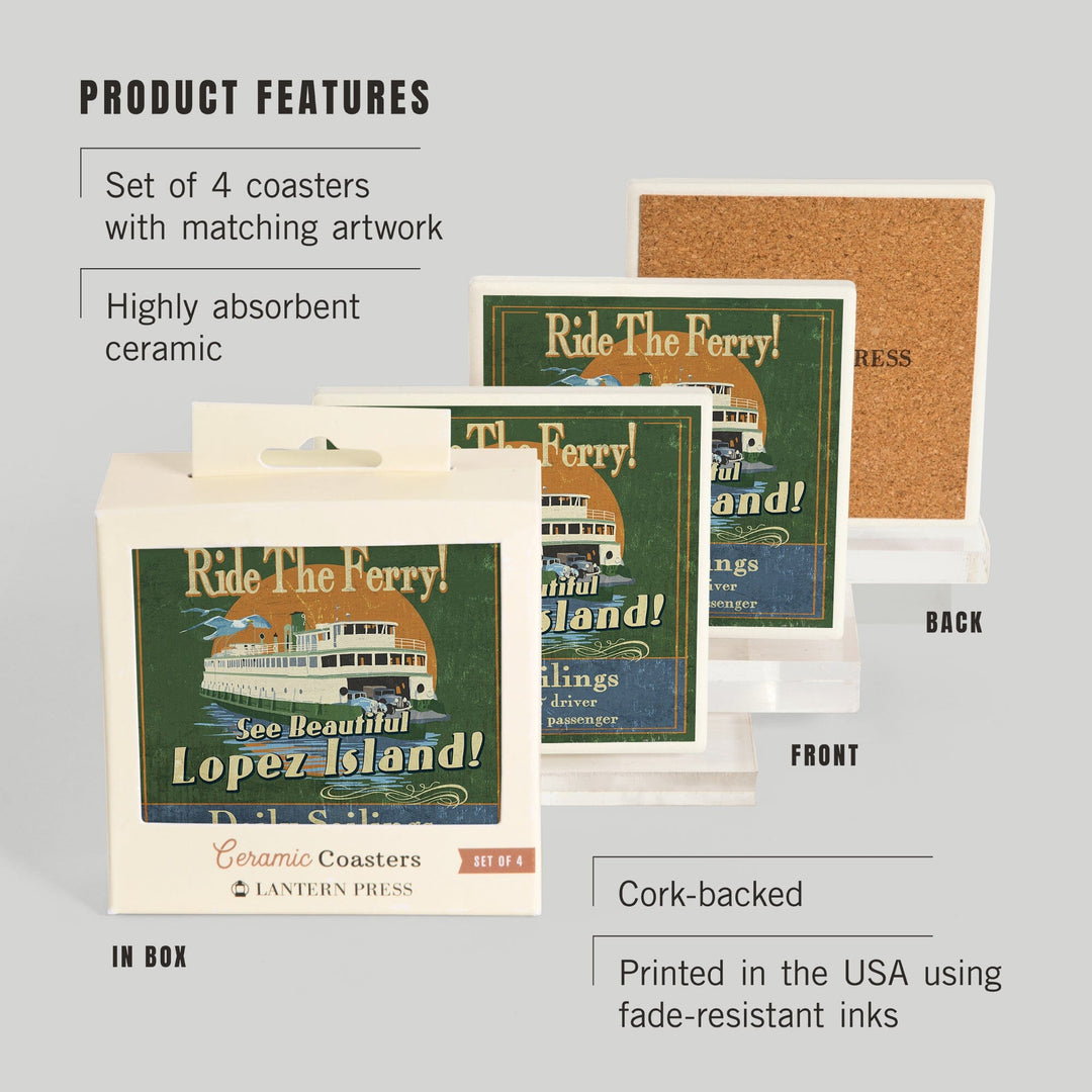 Lopez Island, Washington, Ferry Ride Vintage Sign, Coasters Coasters Lantern Press