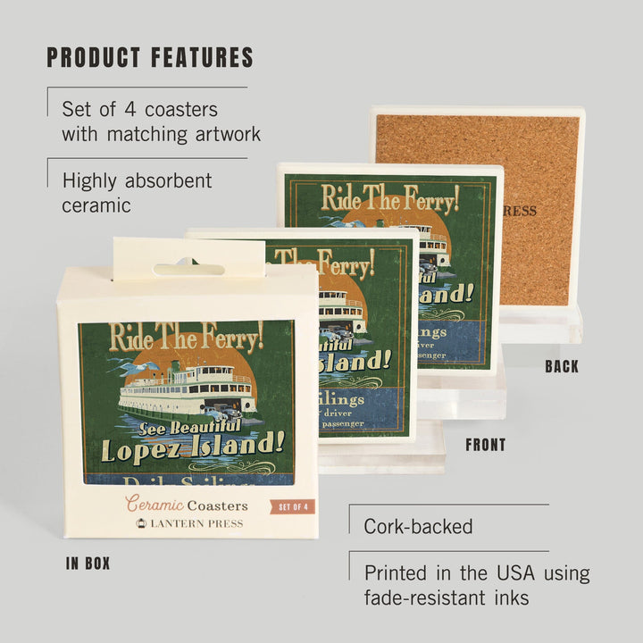 Lopez Island, Washington, Ferry Ride Vintage Sign, Coasters Coasters Lantern Press
