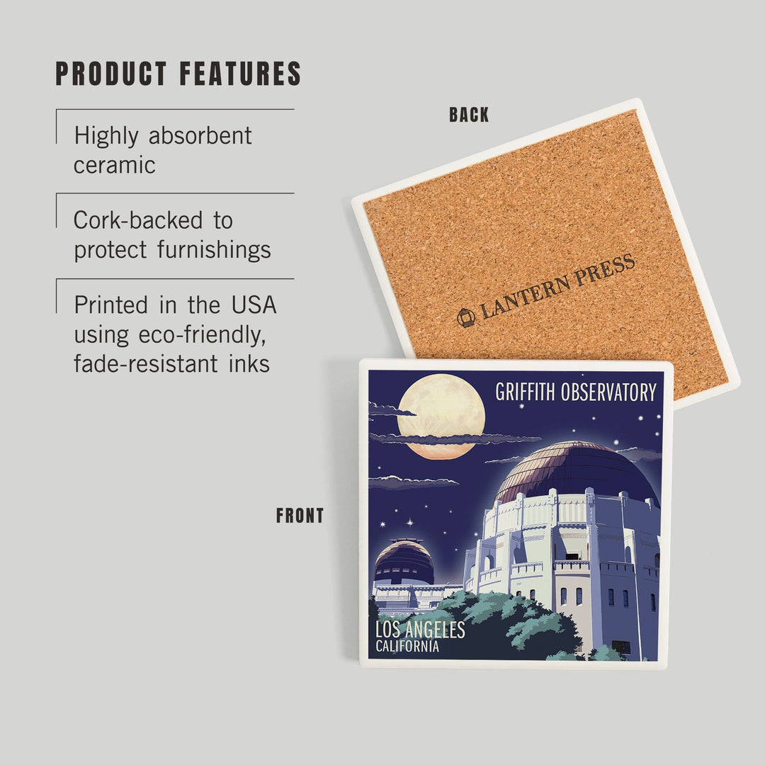 Los Angeles, California, Griffith Observatory at Night, Coasters Coasters Lantern Press