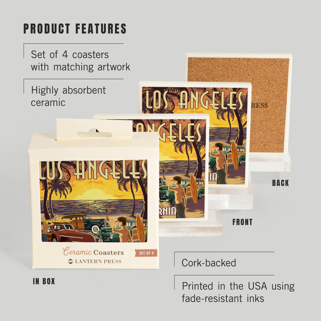 Los Angeles, California, Woodies and Sunset, Coasters Coasters Lantern Press