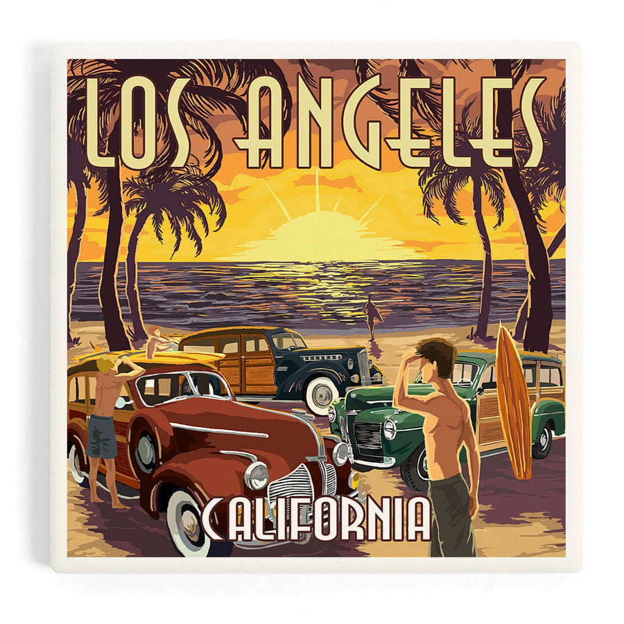 Los Angeles, California, Woodies and Sunset, Coasters Coasters Lantern Press