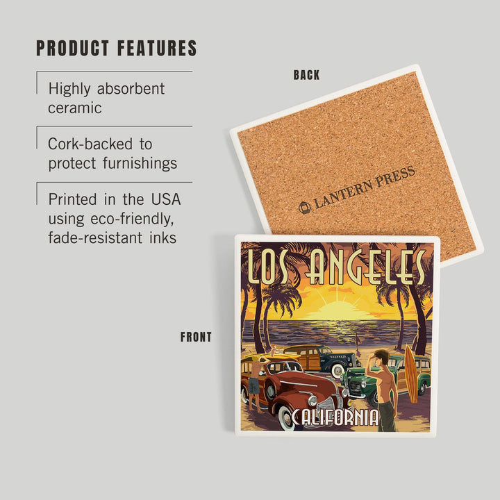 Los Angeles, California, Woodies and Sunset, Coasters Coasters Lantern Press