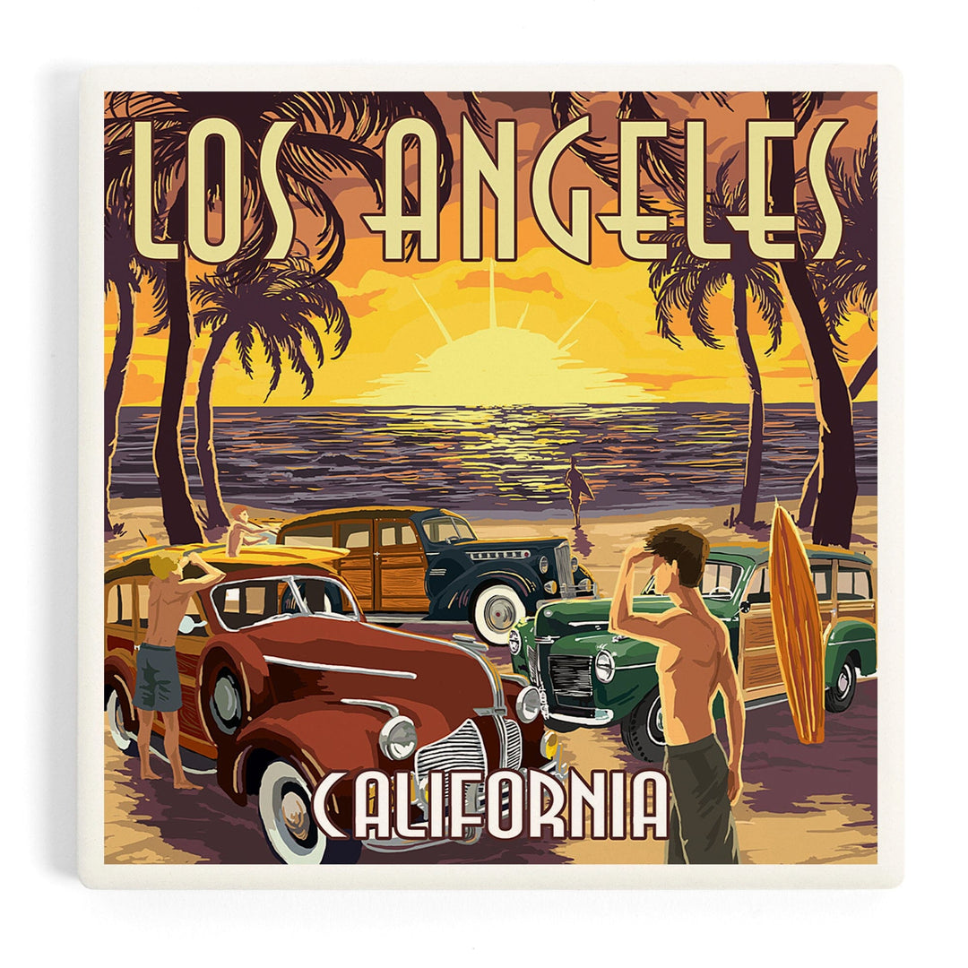 Los Angeles, California, Woodies and Sunset, Coasters Coasters Lantern Press Coaster