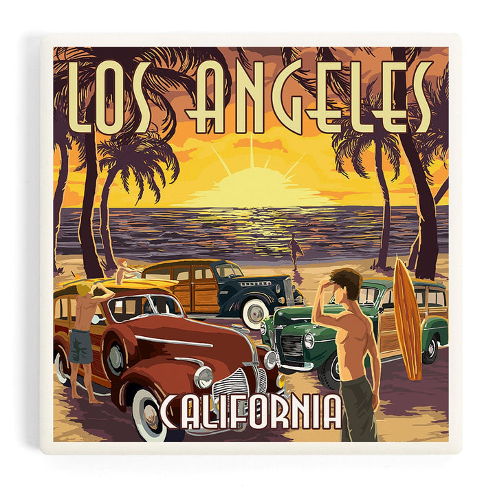 Los Angeles, California, Woodies and Sunset, Coasters Coasters Lantern Press Coaster