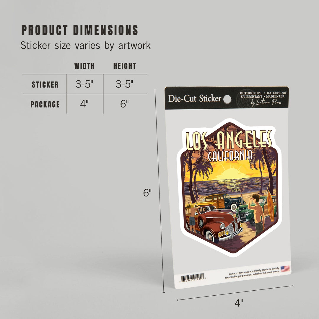 Los Angeles, California, Woodies & Sunset, Contour, Lantern Press Artwork, Vinyl Sticker - Lantern Press