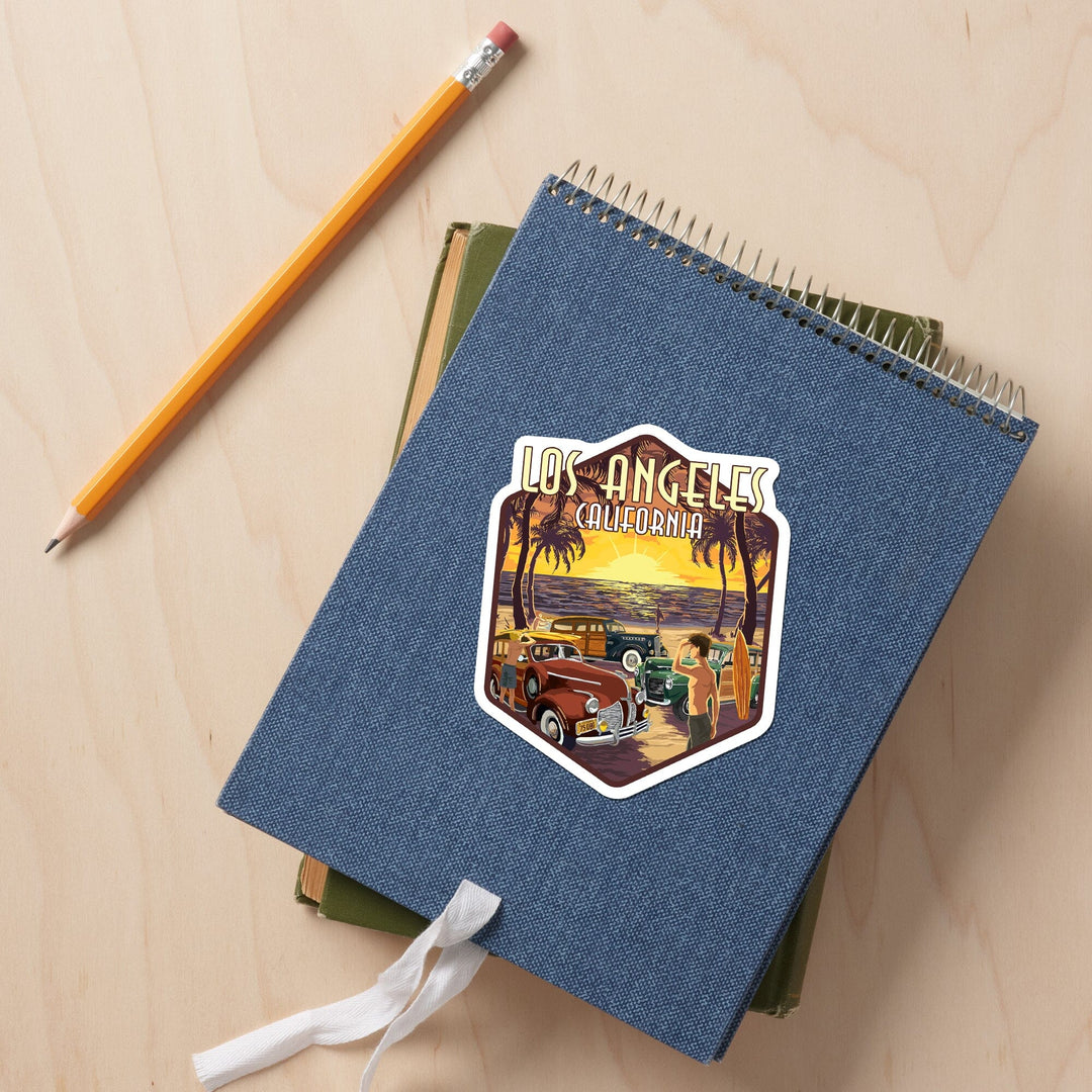 Los Angeles, California, Woodies & Sunset, Contour, Lantern Press Artwork, Vinyl Sticker - Lantern Press