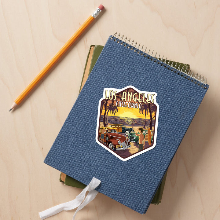 Los Angeles, California, Woodies & Sunset, Contour, Lantern Press Artwork, Vinyl Sticker - Lantern Press