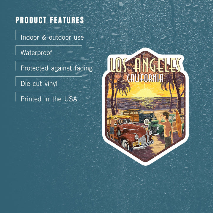 Los Angeles, California, Woodies & Sunset, Contour, Lantern Press Artwork, Vinyl Sticker - Lantern Press