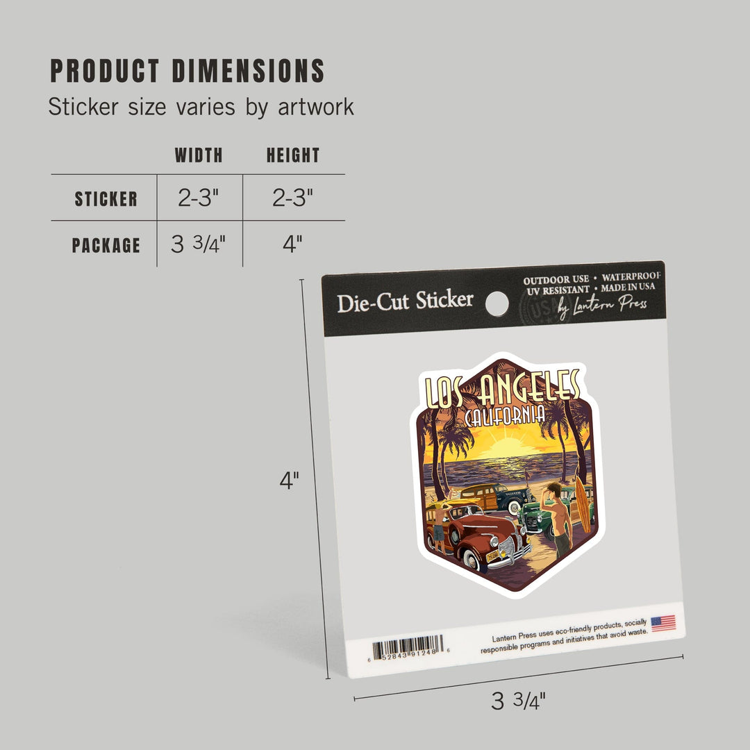 Los Angeles, California, Woodies & Sunset, Contour, Lantern Press Artwork, Vinyl Sticker - Lantern Press