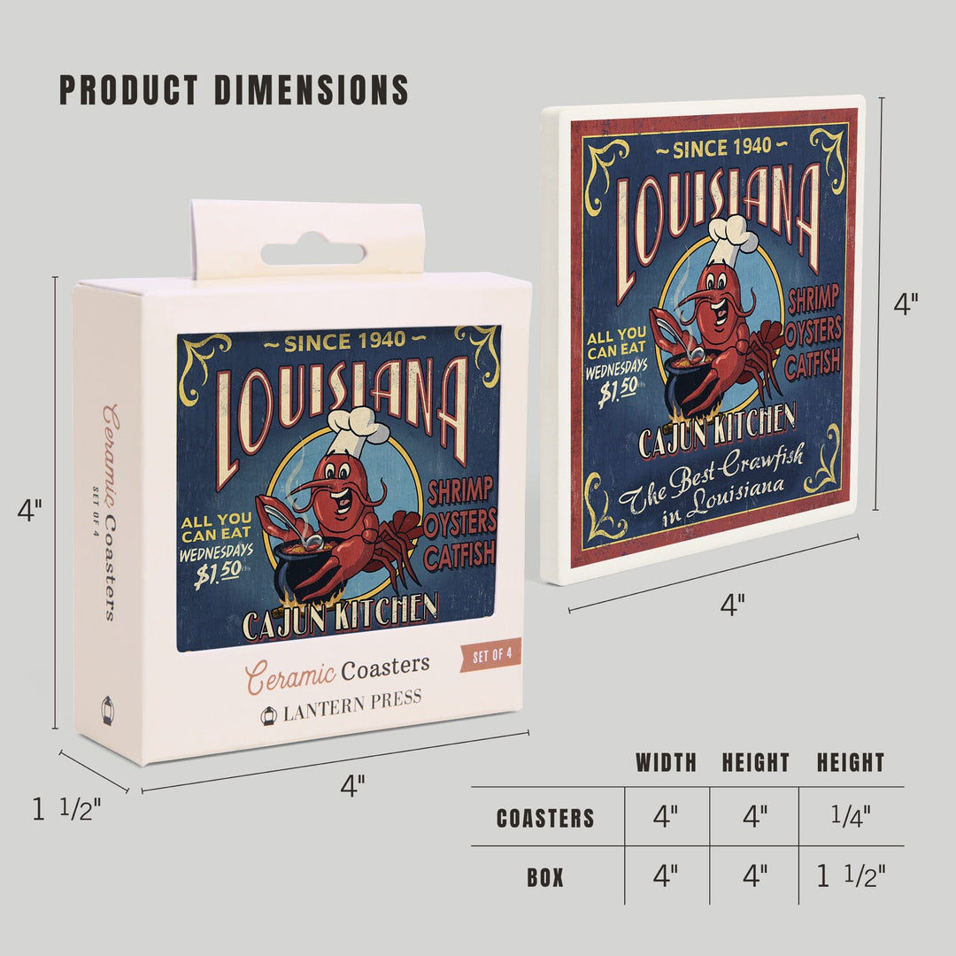 Louisiana, Cajun Kitchen Crawfish Vintage Sign, Coasters Coasters Lantern Press