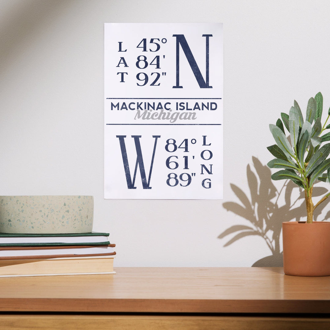 Mackinac Island, Michigan, Latitude and Longitude (Blue), Art & Giclee Prints - Lantern Press