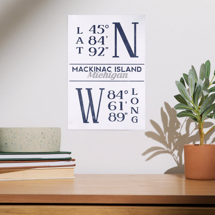 Mackinac Island, Michigan, Latitude and Longitude (Blue), Art & Giclee Prints - Lantern Press