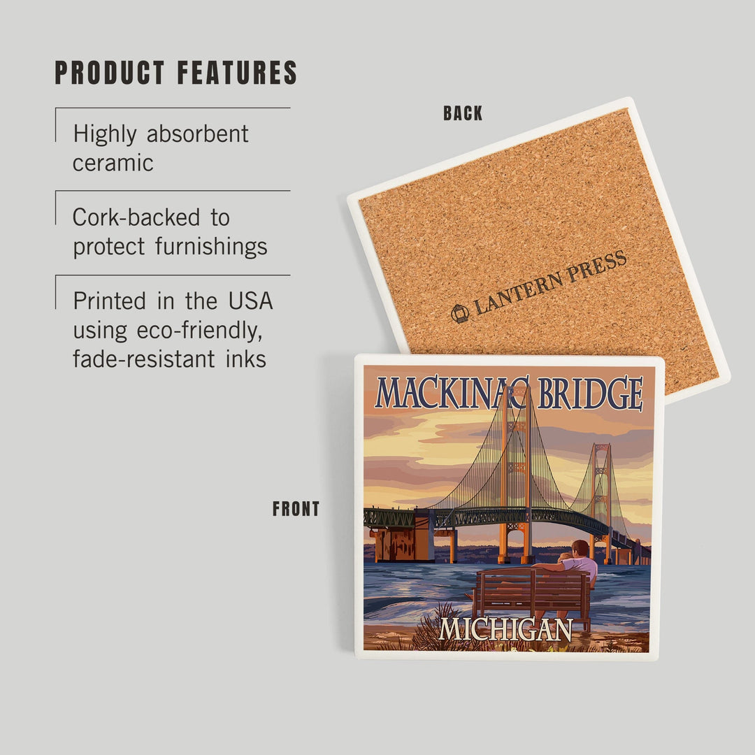 Mackinac, Michigan, Mackinac Bridge and Sunset, Coasters Coasters Lantern Press