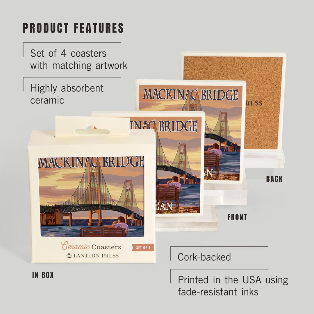 Mackinac, Michigan, Mackinac Bridge and Sunset, Coasters Coasters Lantern Press