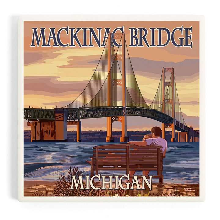 Mackinac, Michigan, Mackinac Bridge and Sunset, Coasters Coasters Lantern Press Coaster