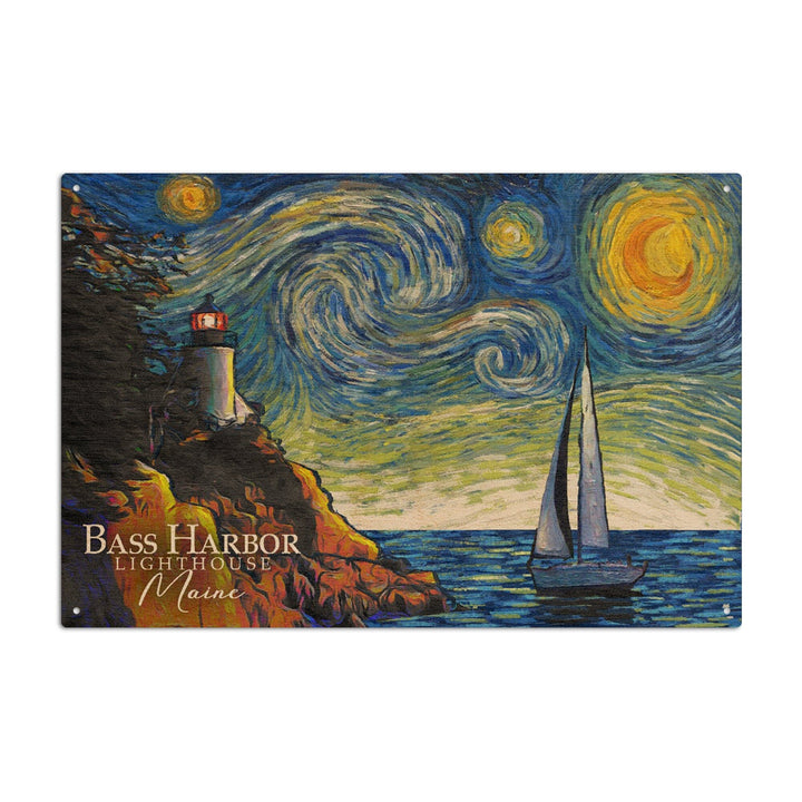 Maine, Bass Harbor Lighthouse, Starry Night, Lantern Press Artwork, Wood Signs and Postcards - Lantern Press