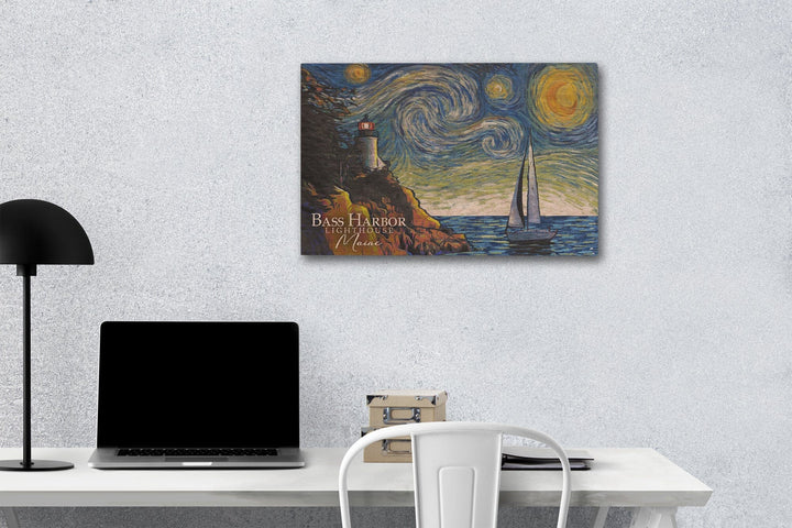 Maine, Bass Harbor Lighthouse, Starry Night, Lantern Press Artwork, Wood Signs and Postcards - Lantern Press