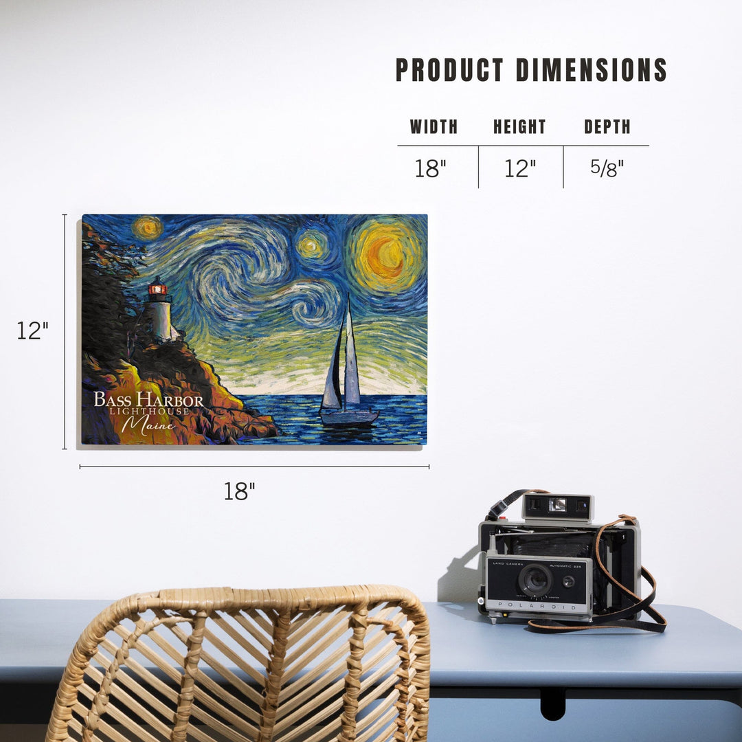 Maine, Bass Harbor Lighthouse, Starry Night, Lantern Press Artwork, Wood Signs and Postcards - Lantern Press